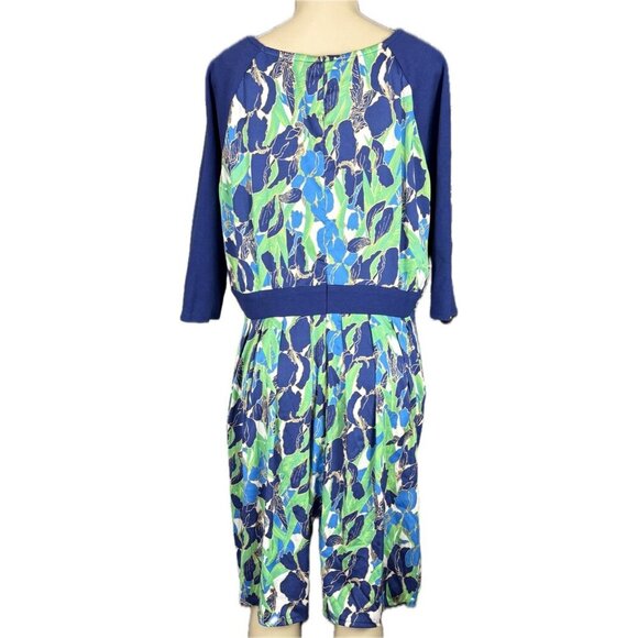Joe Zee XL Blue-Green Abstract Floral V-Neck 3/4 Raglan Sleeve Below Knee Dress - Picture 4 of 6